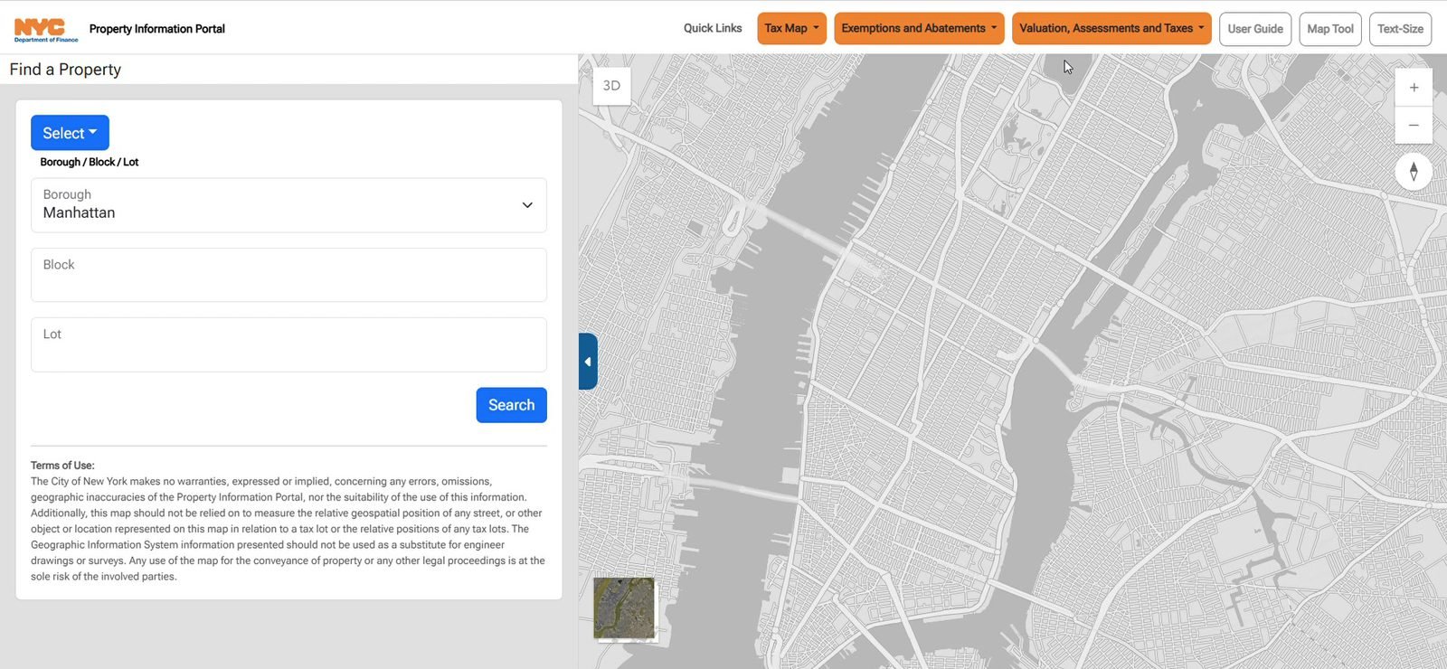 Find a Property, with the tax map of the city on the right