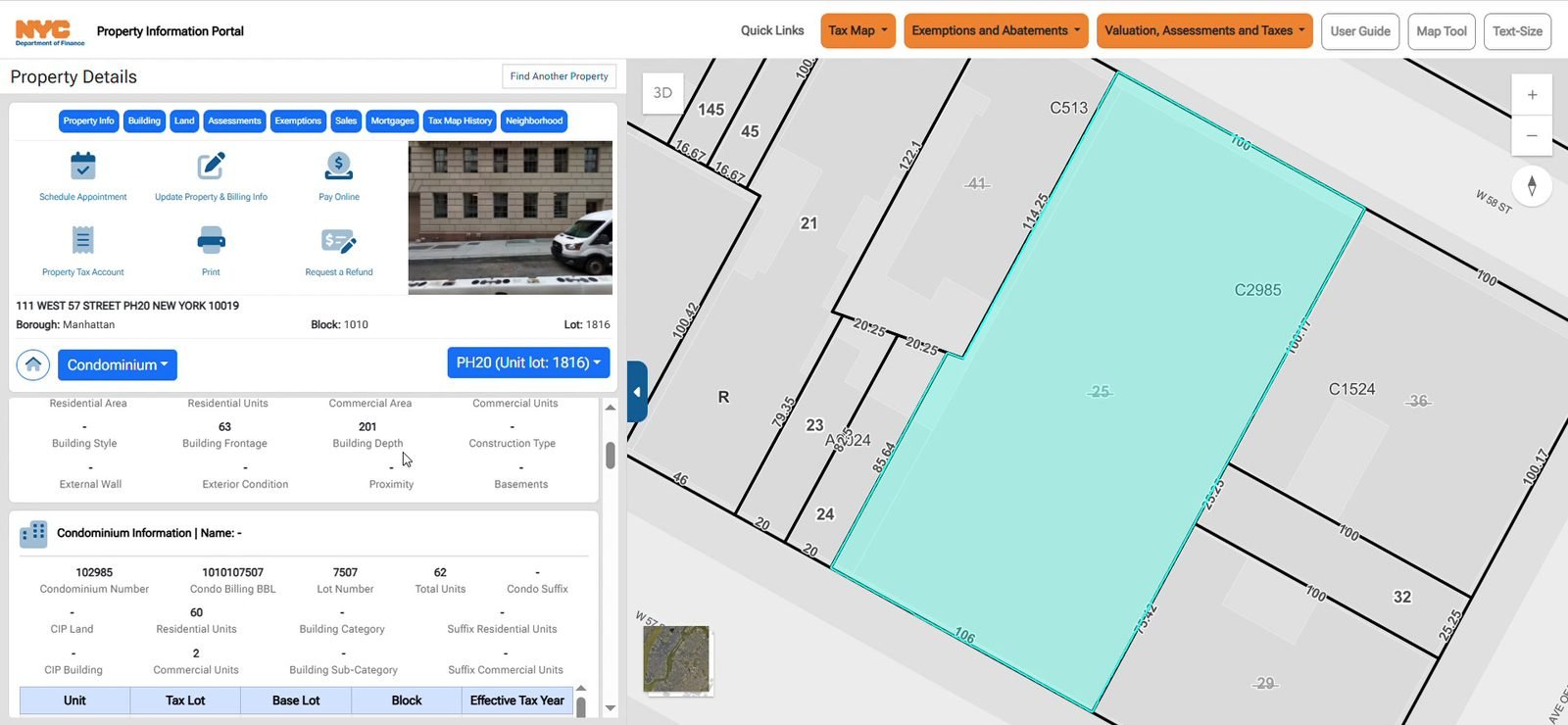 Property details for unit PH20, with the condominium lot highlighted on the tax map
