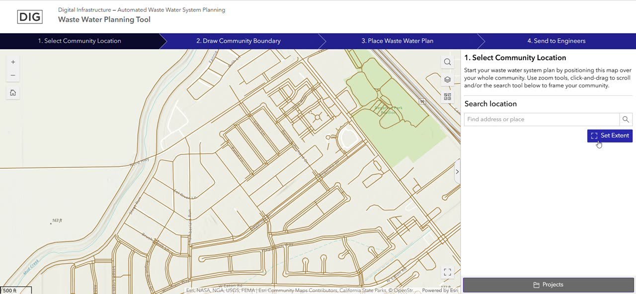 DIG location step with the map extent control